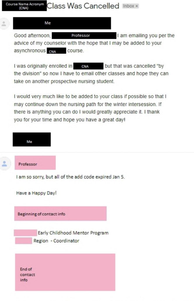 Professor being unhelpful to a student who needs to enroll in a class after school canceled one she planned on taking