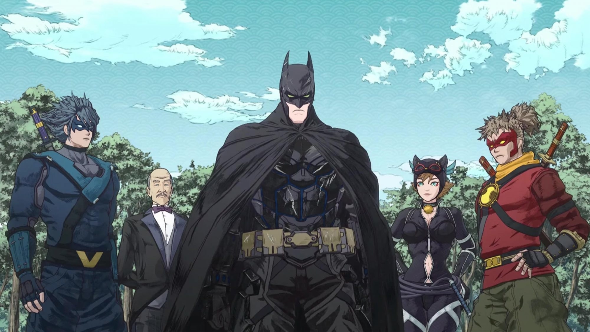 animated batman, alfred, and two other people in cat and superhero uniforms
