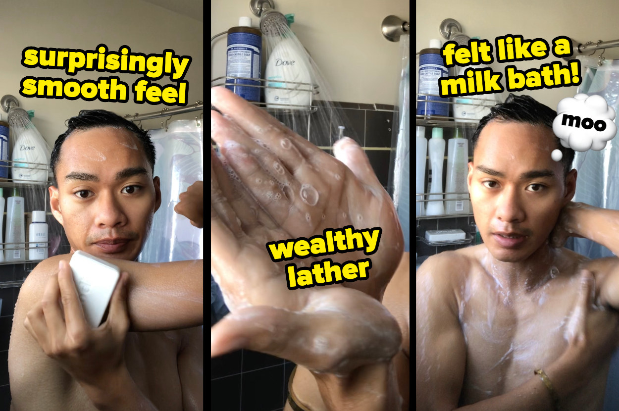 the author using the soap in the shower and showing off the lather