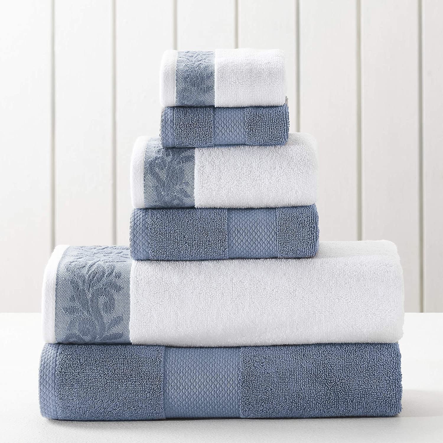 juego de seis toallas de algodón en azul y blanco