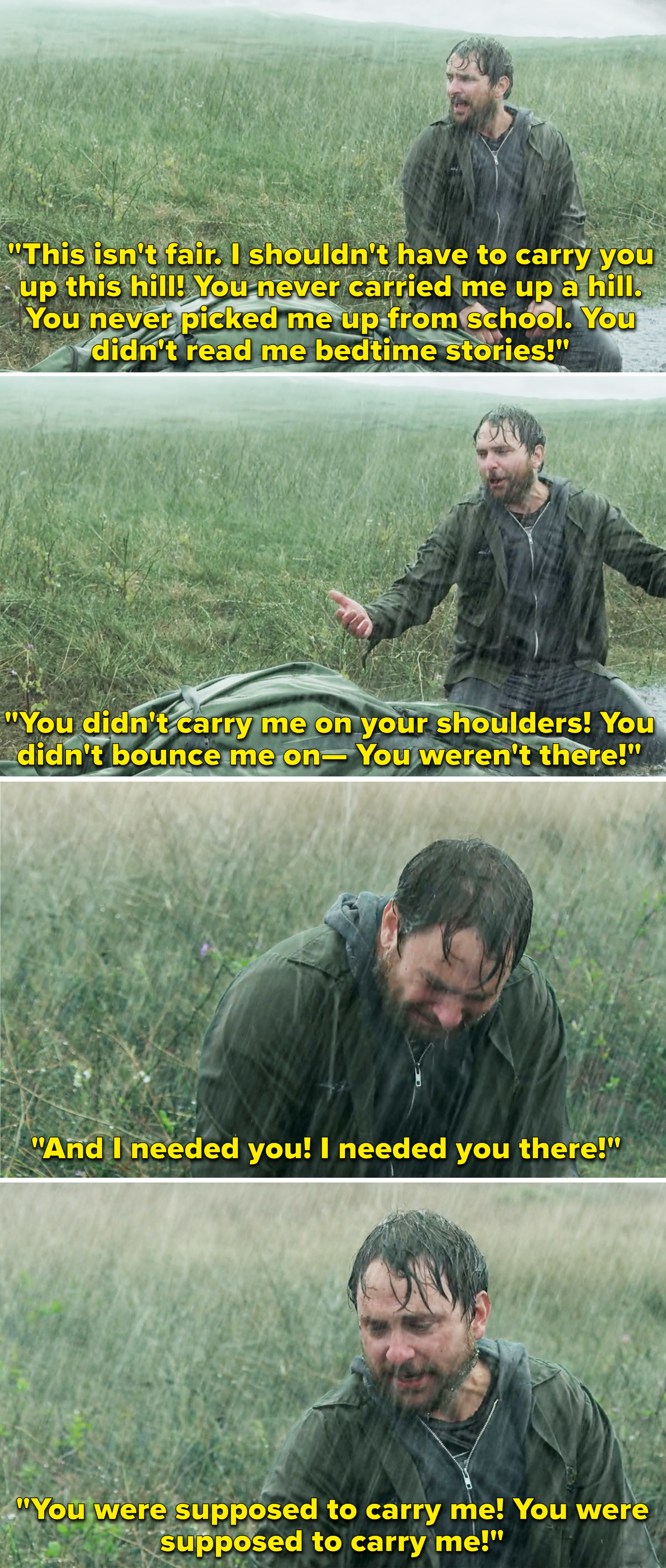 Charlie in the rain taking a break from carrying his dad&#x27;s body to be buried saying &quot;you were supposed to carry me&quot;