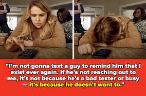 A woman sitting by a phone and looking down frustrated, with text about not texting guys if they won't reach out, because they don't want to and aren't busy