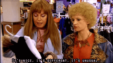 Kath and Kim in a clothes store; Kath is saying &quot;It&#x27;s nice, it&#x27;s different, it&#x27;s unsual&quot;