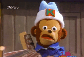 A slow zoom into a puppet monkey who has a confused expression on its face