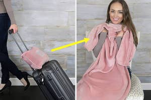 A person pulling a suitcase with a pillow on it, and an arrow indicating that it unfolds into a blanket