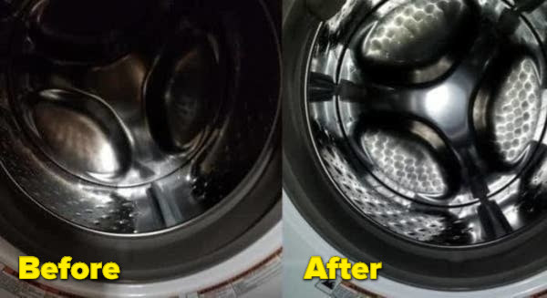 On the left, the insider of a washing machine looking dark and dirty, and on the right, the same washing machine now looking lighter and shinier 