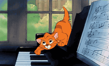 Curious Oliver playing on the piano in Disney&#x27;s &quot;Oliver &amp; Company&quot;