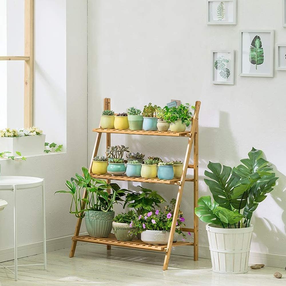 a three-tiered shelf with cute plants on each tier