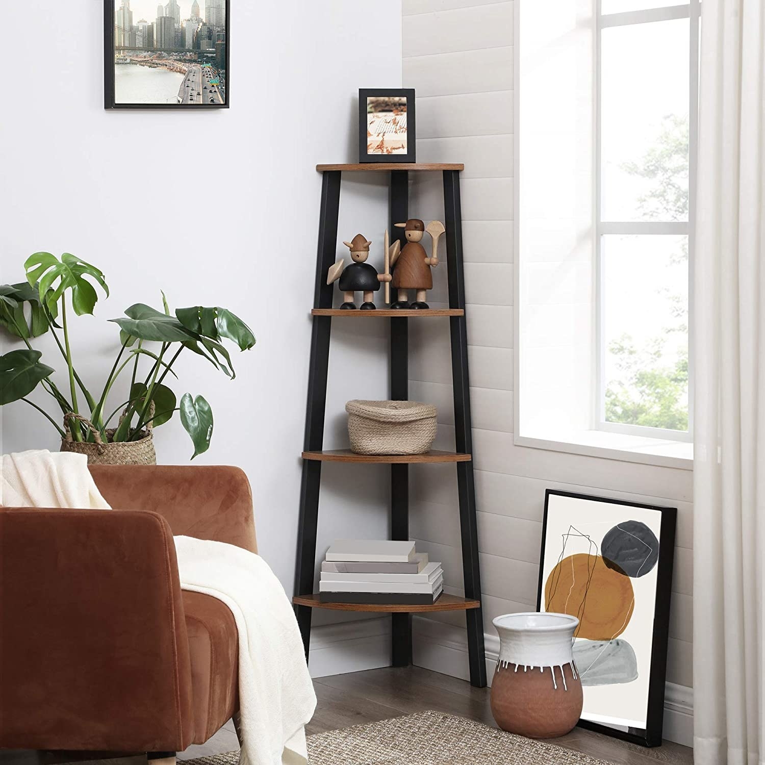 a corner shelf with decorative items on each tier