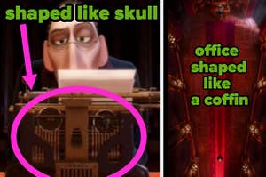 The food critic from "Ratatouille" writing on a typewriter that looks like a skull and a picture of his office which is shaped like a coffin