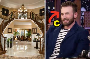 On the left, the foyer of a mansion with marble floors, a double staircase, and a chandelier, and on the right, Chris Evans with an arrow pointing to him and C typed next to his face