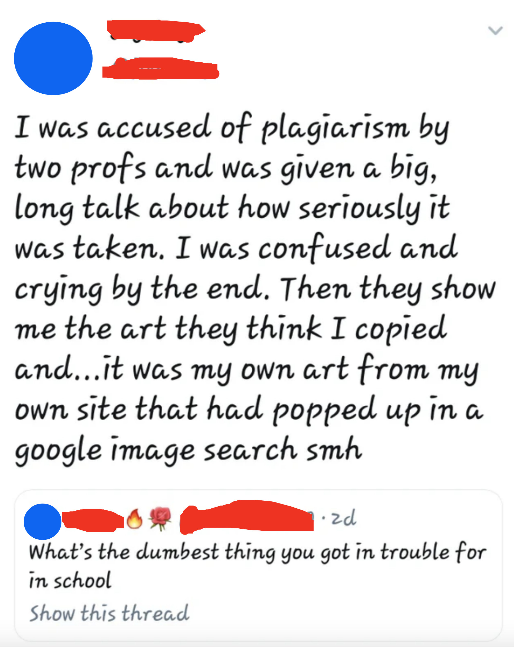 Student tweeting they were accused of plagiarism for their own work