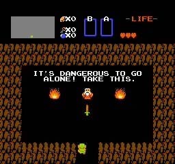 An old man talking to Link in a cave in &quot;The Legend of Zelda&quot;