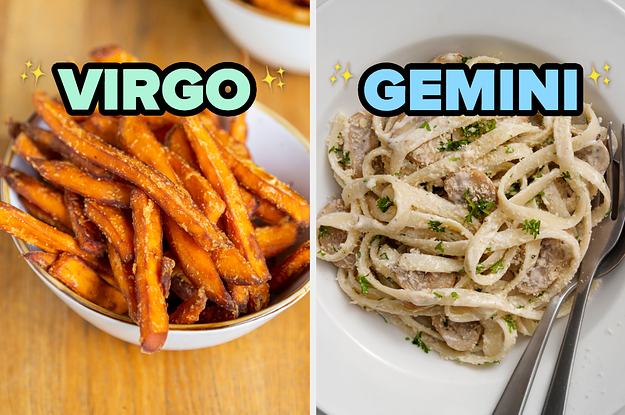 On the left, some sweet potato fries labeled Virgo, and on the right, some chicken Alfredo labeled Gemini