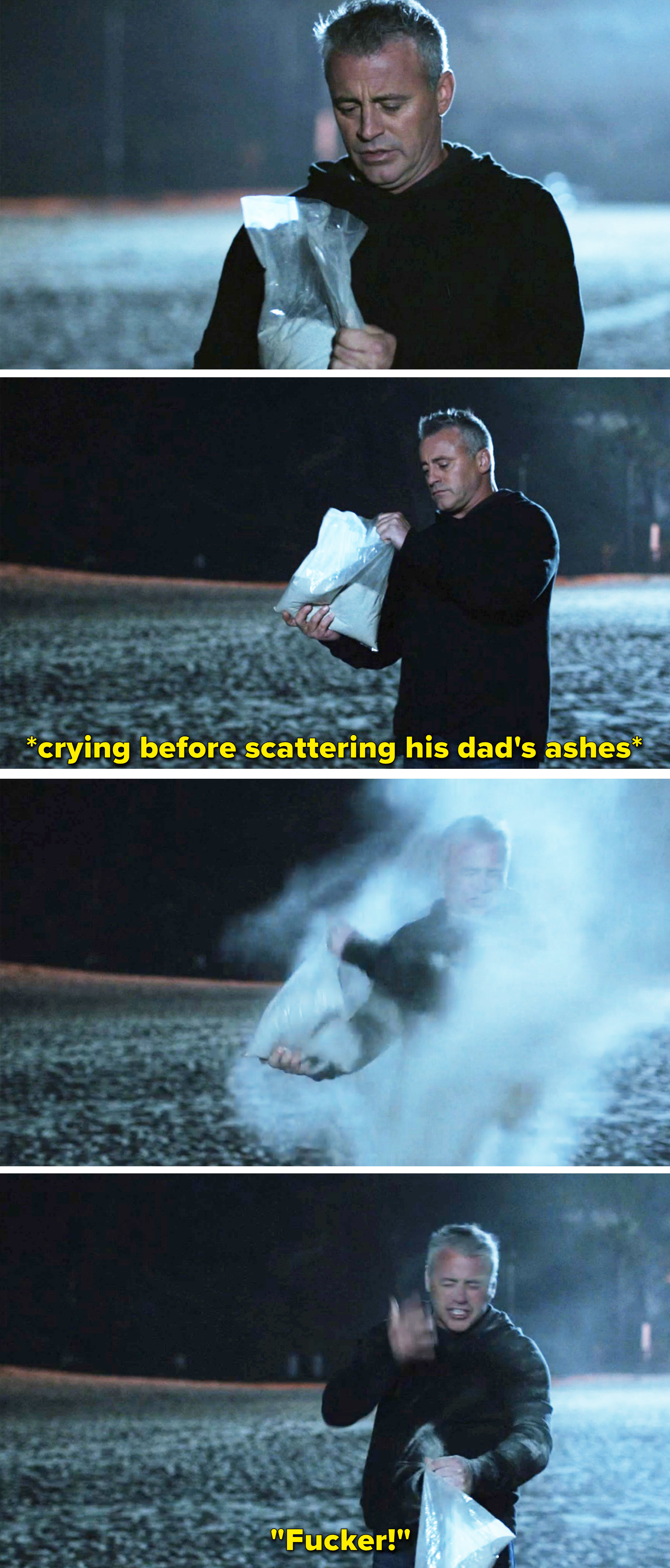 Matt outside at night trying to spread his dad&#x27;s ashes when the wind blows them in his face instead
