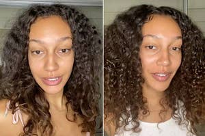 model with frizzy naturally curly hair then same model with more defined and moisturized curls