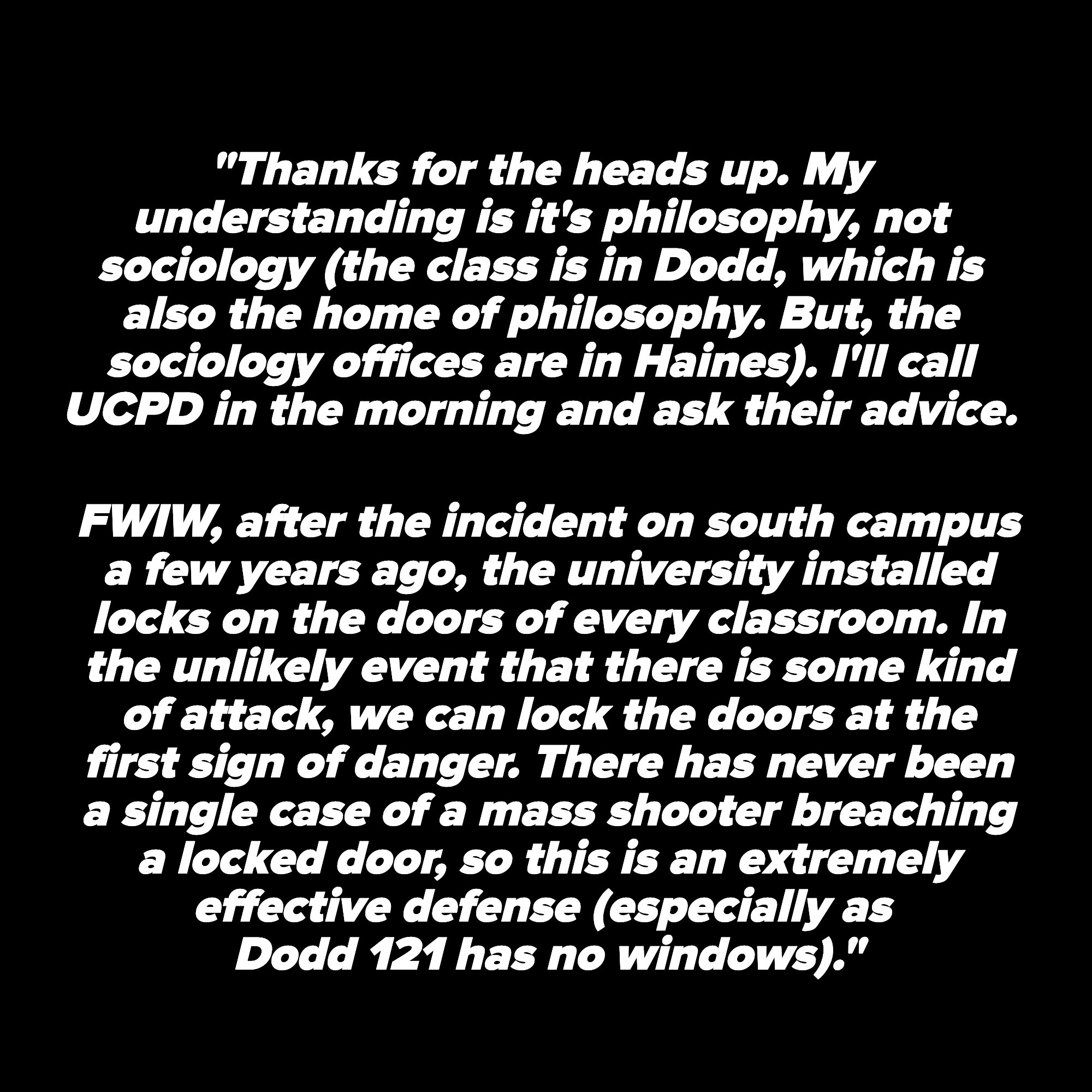 Email from professor that tells them to lock the doors if there happens to be a mass shooting