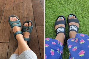 reviewer photo of green teva sandals with three straps, nike sling back sandals