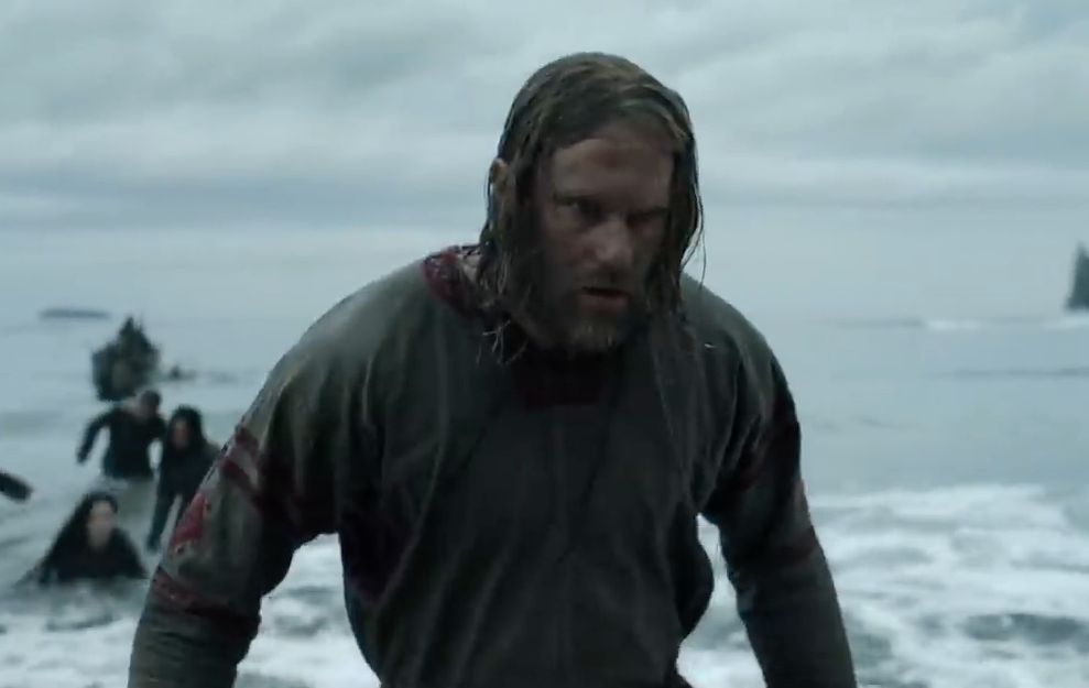 arriving on shore, Amleth is hunched over and wet as he emerges from the ocean
