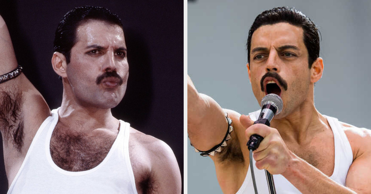 Freddie Mercury performing; Rami Malek as Freddie Mercury performing
