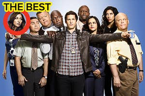 the cast of brooklyn nine nine with gina's face circled 
