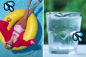 Taylor Swift is in a floatie on the left with a glass of water on the right