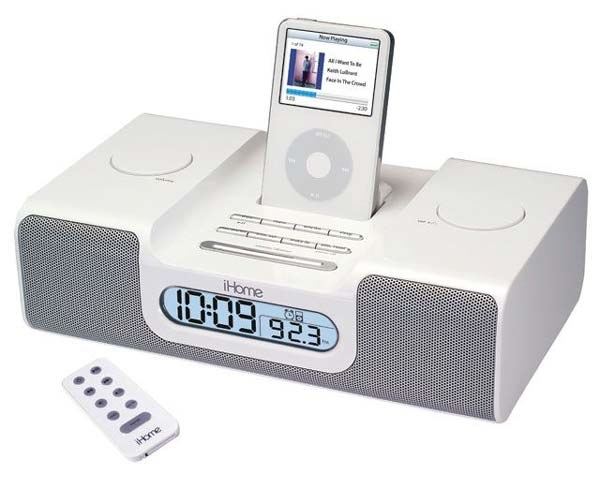 the iHome player with a remote and iPod connected
