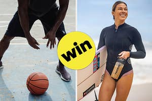 Man standing over basketball on court versus woman holding surfboard and Thorne smoothie on beach