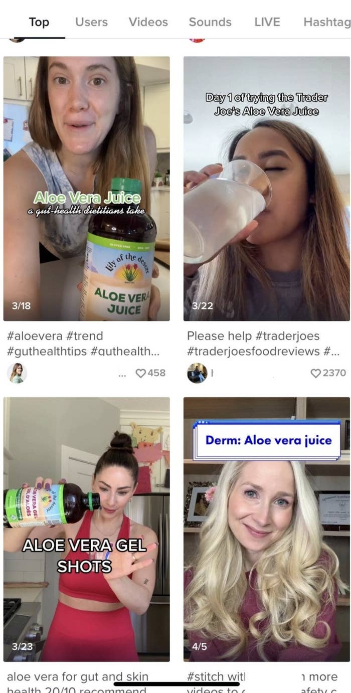 A screenshot of TikTok showing people trying the aloe vera juice trend