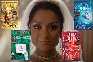 Edwina is at the altar with 4 "Bridgerton" book covers surrounding her