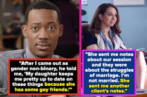 Left: Tyler James Williams as Gregory Eddie looks into the camera in "Abbott Elementary" Right: Maya Rudolph as Jillian sits in a chair and holds a pad of paper in "The Grinder"