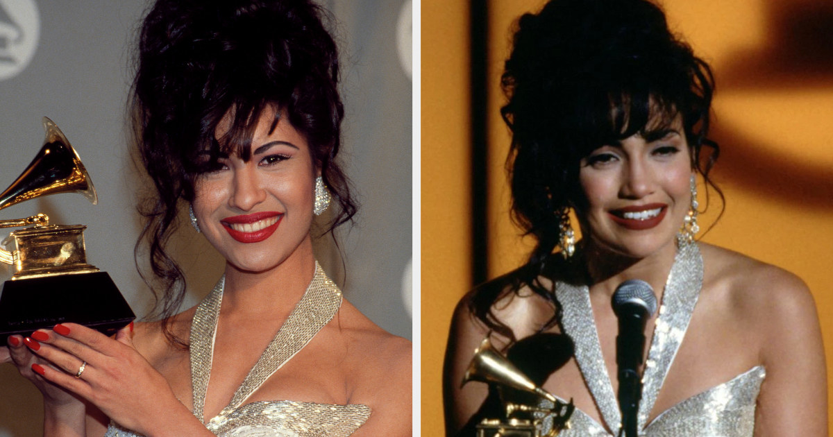 Selena with a Grammy award; Jennifer Lopez as Selena with a Grammy award