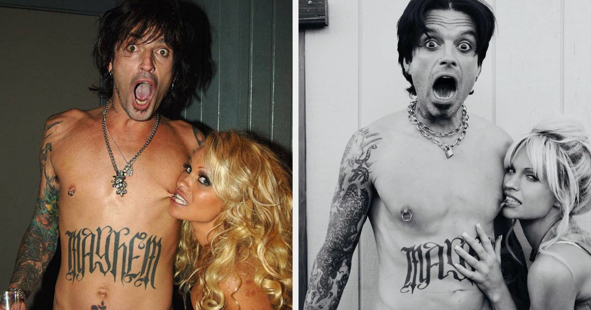 Tommy Lee looking surprised and Pamela Anderson biting his nipple ring; Sebastian Stan and Lily James recreating the moment