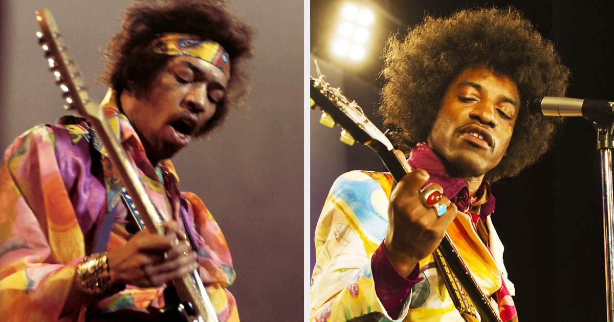 Jimi Hendrix playing guitar; André 3000 playing guitar as Jimi Hendrix