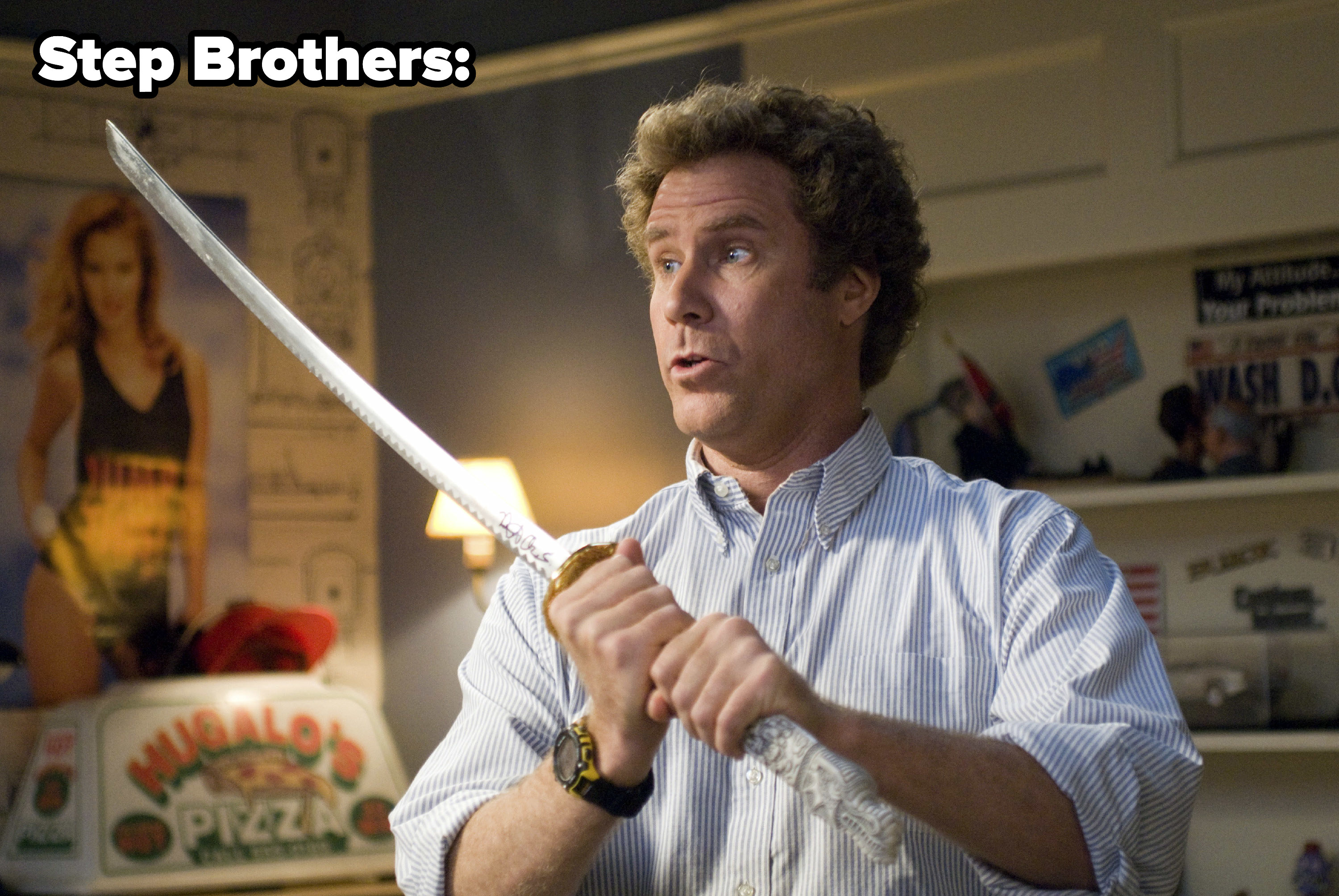 Will Ferrell holding a sword in STEP BROTHERs
