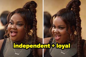 nicole byer with a high ponytail has her eyes wide open and mouth wide open as if surprised