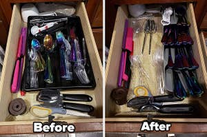 L: a reviewer photo of a cutlery drawer labeled "before", R: a reviewer photo of the same drawer labeled "after" with the new cutlery organizer inserted showing all the additional available space 