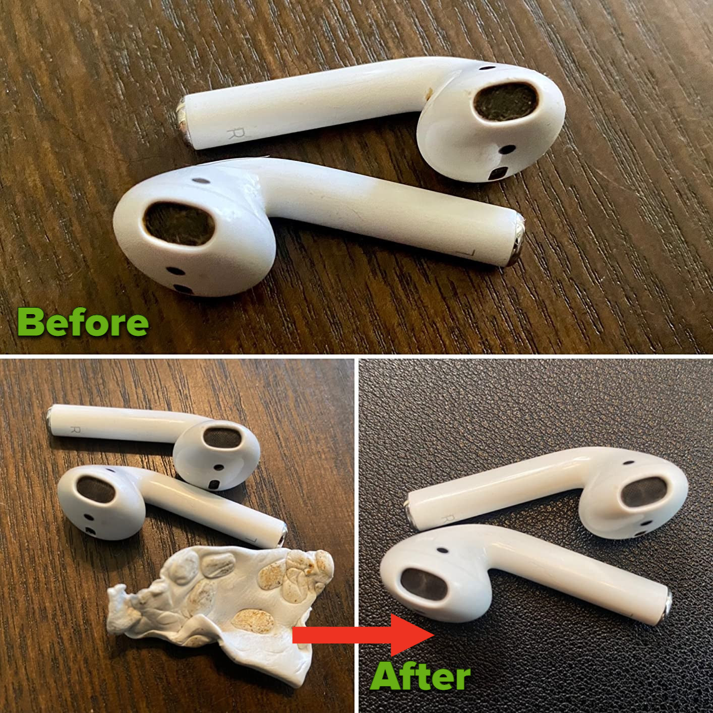 a reviewer shows the before and after of dirty AirPods now clean after putty
