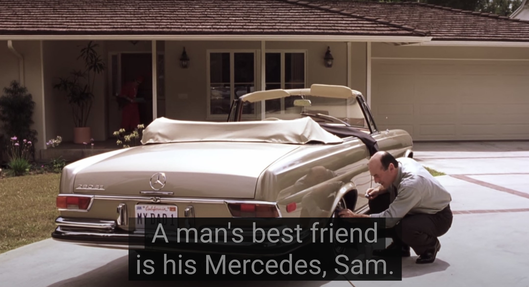 Carters dad cleaning his car and saying, A mans best friend is his Mercedes, Sam