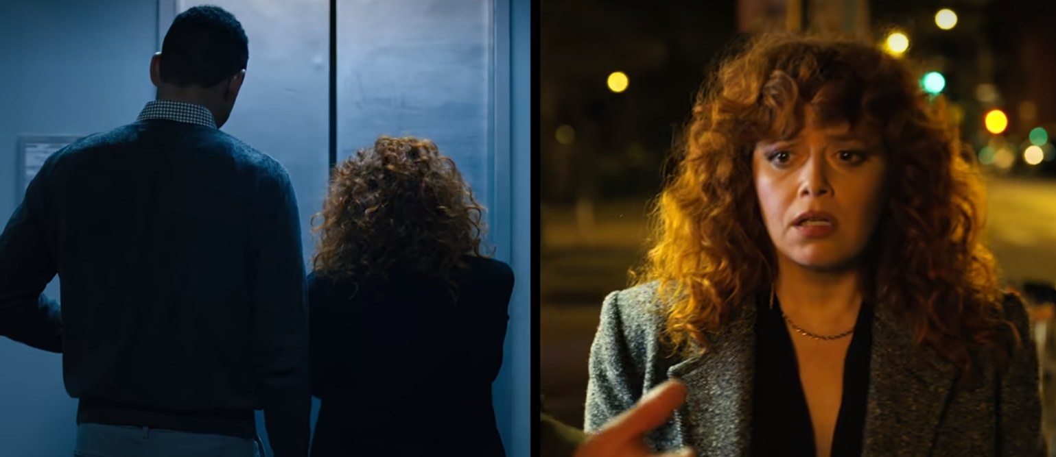 Nadia and Alan ride down an elevator on one side of the screen, while a different version of Nadia stands thoughtfully on the other side of the screen