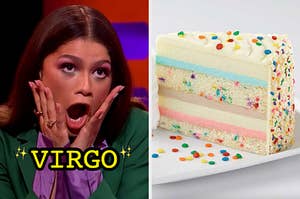 On the left, Zendaya opening her mouth wide and placing her hands on the side of her face labeled Virgo, and on the right, a slice of celebration cheesecake from The Cheesecake Factory