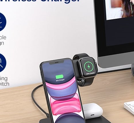 a charging station holding a phone, watch and earbuds case
