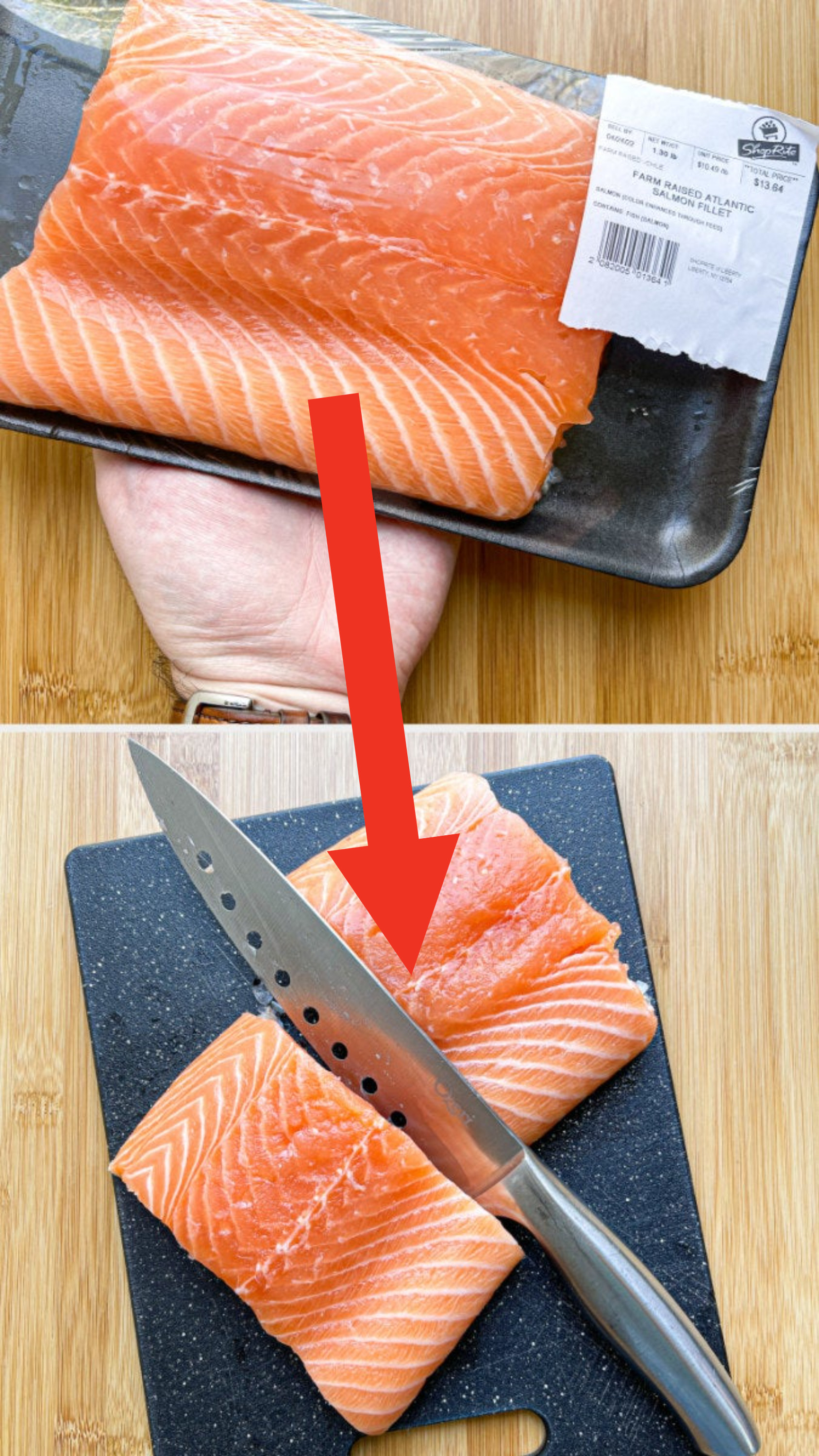 A salmon fillet still in its packaging; a salmon fillet on a cutting board with a knife going through it