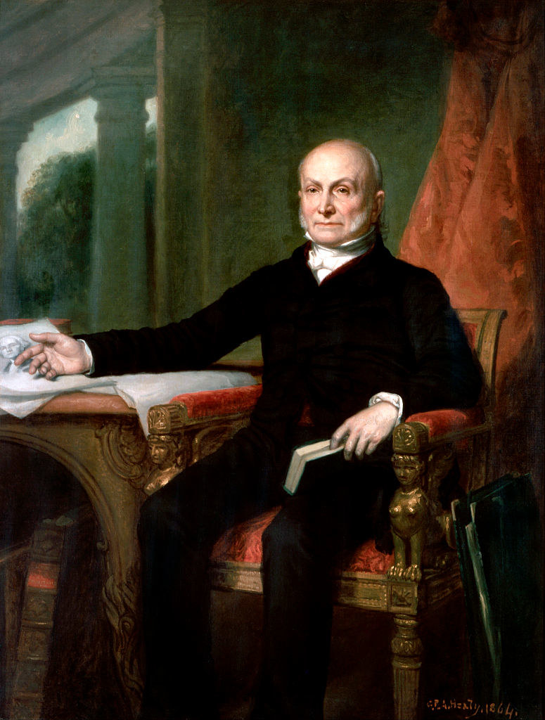 Painting of Adams sitting in a high-back chair