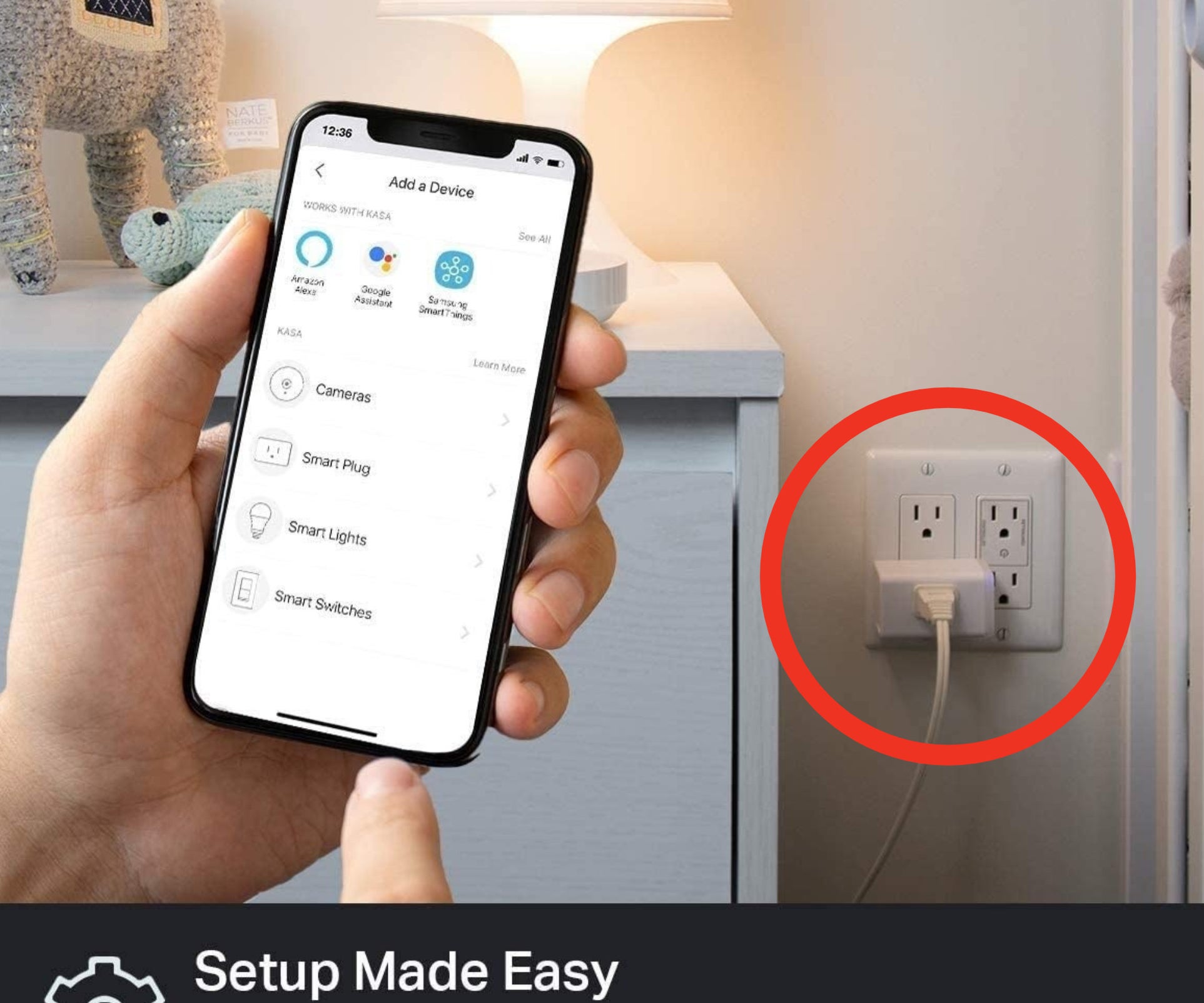 a person holding a phone, controlling the smart plug plugged into the wall outlet