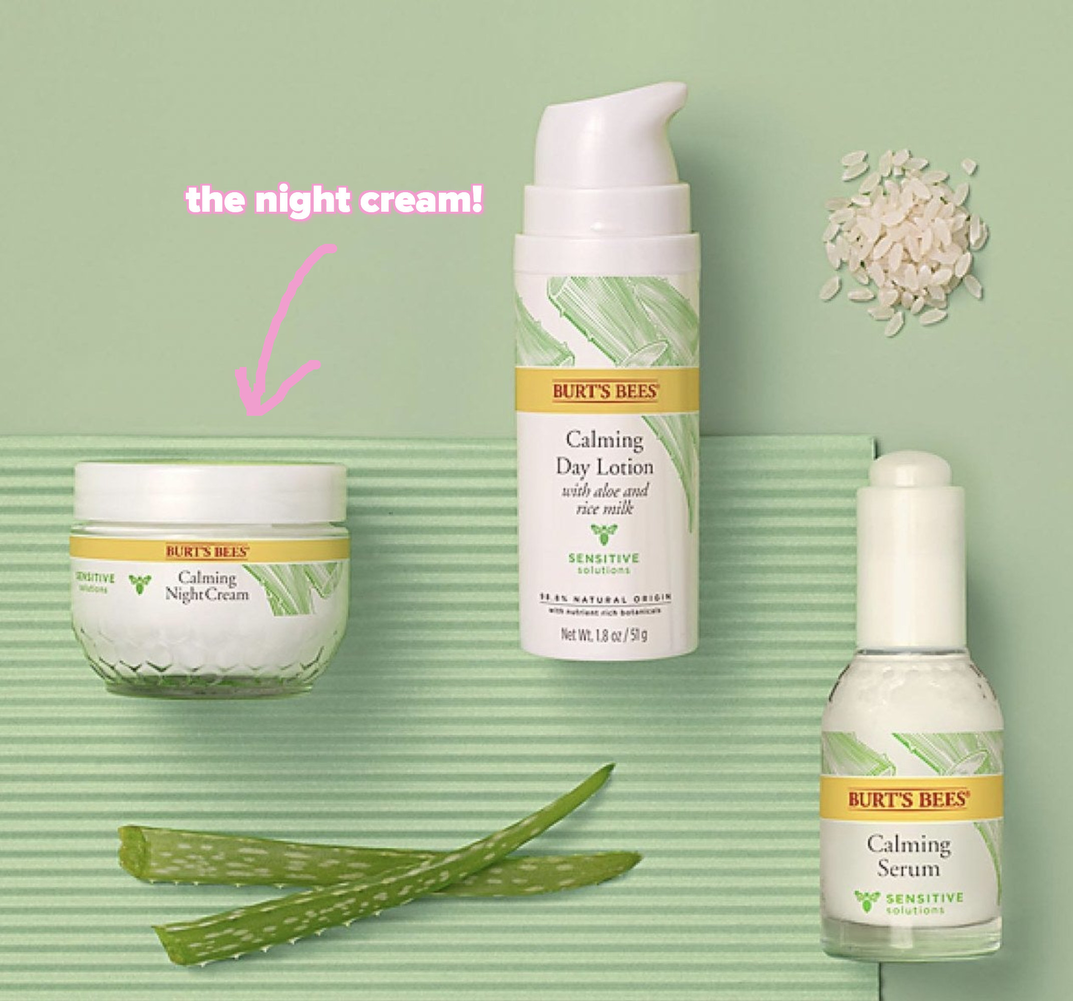A jar of night cream, a bottle of day lotion, and a calming serum