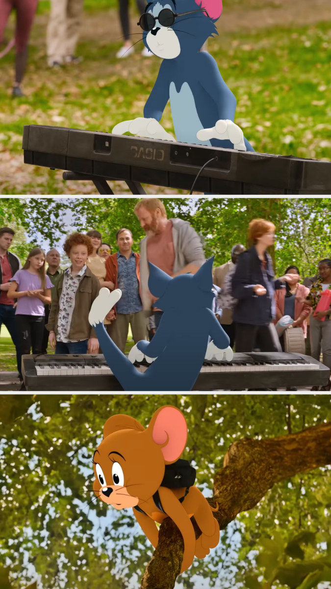 Cartoon Tom and Jerry superimposed on scenario with real-life people