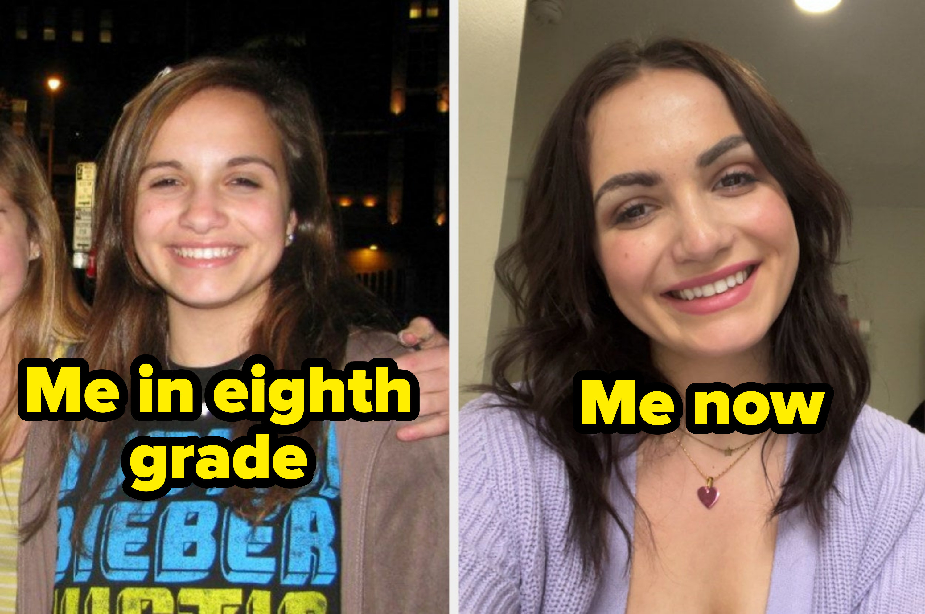 Side-by-sides of a smiling person, one with &quot;Me in eighth grade&quot; text and one with &quot;Me now&quot;