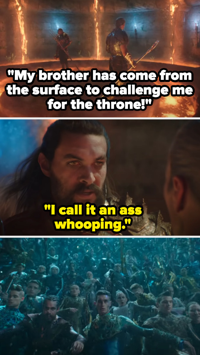 A person saying his brother has come to challenge him for the throne, and Aquaman saying he calls it an ass whooping, as other people watch