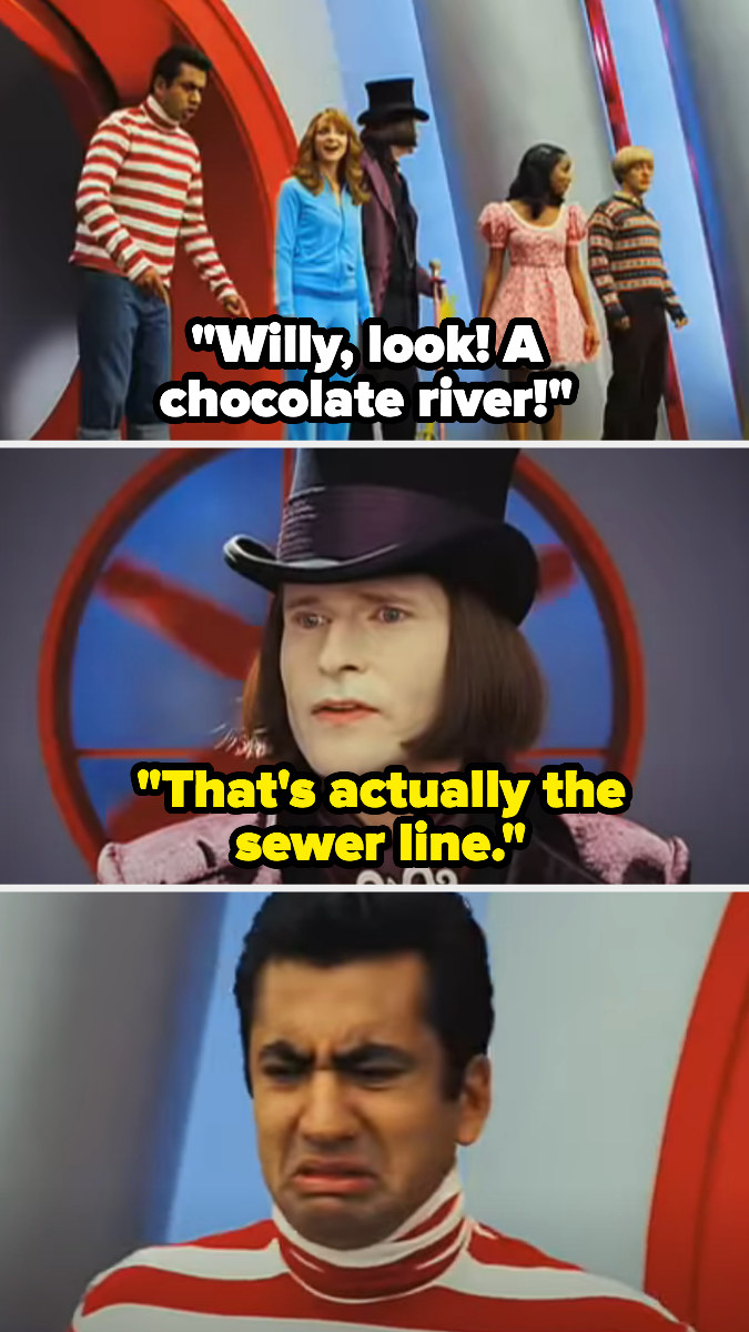 Willy Wonka talking to visitors in his home